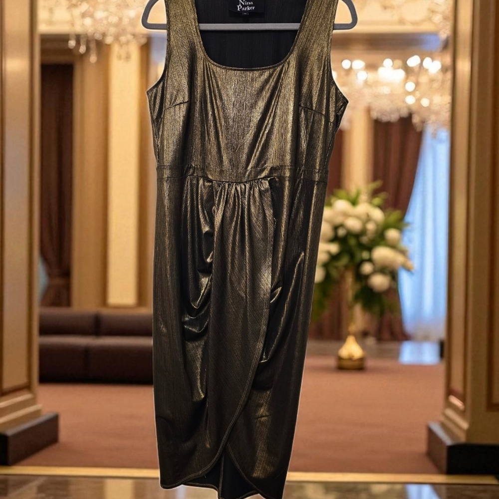 Plus Size Metallic Scoop-Neck Faux-Wrap Midi Dress Sz 1x